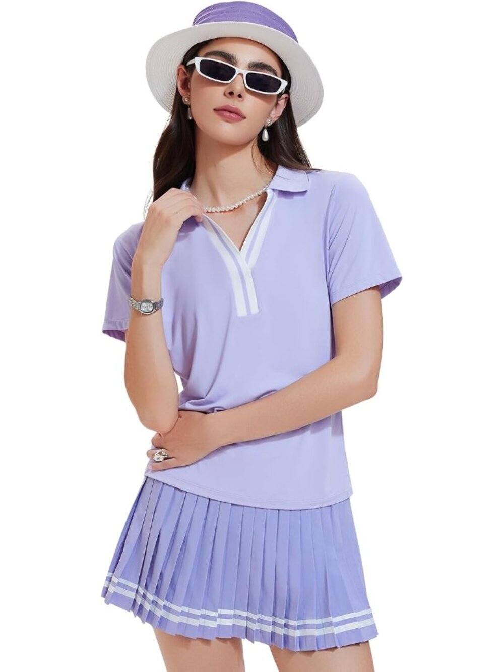 Women's Lavender 2 Piece Racer Back Tennis Skirts Tank Top Pull On Golf Dress